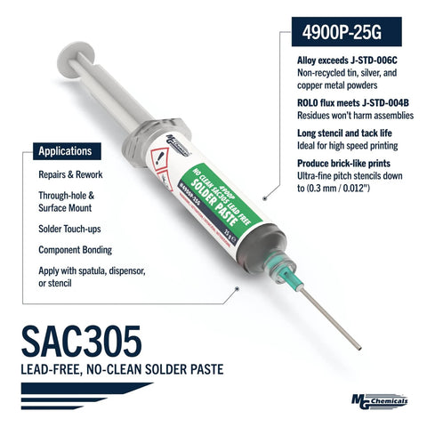 3 Percent Silver SAC305 Solder Paste No Clean With 25 G Pneumatic Dispenser Complete With Plunger And Dispensing Tip Easy To Dispense Non Corrosive Flux Residues Excellent Wettability For Surface Mount Ideal For High Temp Lead Free Alloys