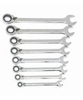 Eight Piece 12 Point Reversible Ratcheting Wrench Set Metric For Fasteners With 72 Teeth 5 Degree Swing Off Corner Loading Design