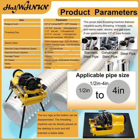 Straight Up Heavy Duty Workhorse Electric Pipe Threader And Cutting Tool 1 2 To 4 Inch NPT BSPT Die Set 220V 750W Solid Rig for pipe threading with specifications.