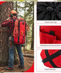 Arborist Rope Storage Bag 30 Liter Bucket Backpack in use by climber, showing waterproof shell and multifunctional pockets.