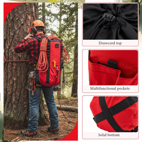 Arborist Rope Storage Bag 30 Liter Bucket Backpack in use by climber, showing waterproof shell and multifunctional pockets.