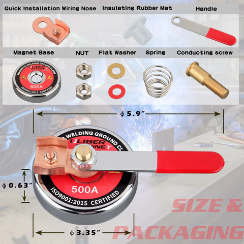 Heavy Duty Magnetic Welding Ground Clamp With Handy Handle, 500 Amp Weld Holder, showing components and dimensions.