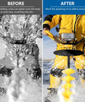 Ice Auger Drill Adapter Stainless Steel For Ice Fishing Stopper Disk in use showing splash prevention before and after
