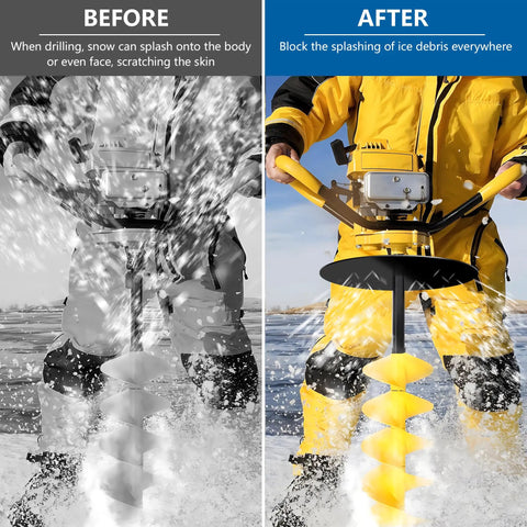 Ice Auger Drill Adapter Stainless Steel For Ice Fishing Stopper Disk in use showing splash prevention before and after