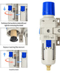 Installation steps for Three Eighths Inch NPT Air Filter Regulator Lubricator Combo with 5 Micron Brass Filter