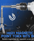 5 Point Security Torx Bit Set demonstrating magnetic pickup of screws with a 10 Pc Magnetic S2 Alloy Steel Driver Bit