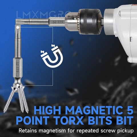 5 Point Security Torx Bit Set demonstrating magnetic pickup of screws with a 10 Pc Magnetic S2 Alloy Steel Driver Bit