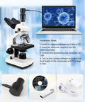 40X-5000X Compound Trinocular Microscope With 5MP Camera Abbe Condenser in wireless setup with laptop display