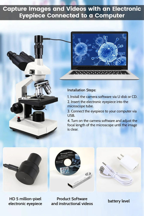 40X-5000X Compound Trinocular Microscope With 5MP Camera Abbe Condenser in wireless setup with laptop display