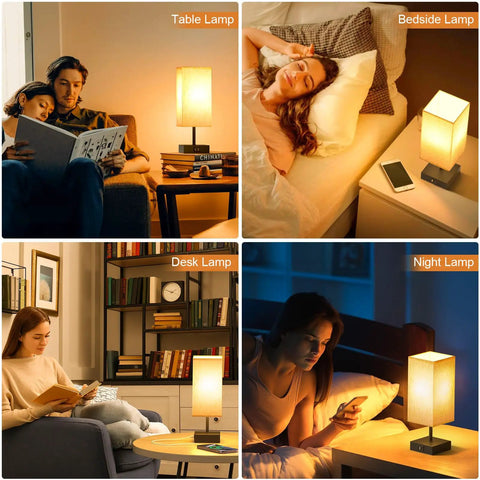 Touch Activated Bedside Lamp With USB C And USB A Charging Ports Three Way Dimmable Nightstand Light With Upgraded Fabric Shade LED Bulb Included Black Finish For Bedroom And Living Room in use as table, bedside, desk, and night lamp.