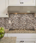 Metal Mosaic Tile Backsplash Peel And Stick Easy DIY Oblong 12x12 Inch Sheets In Coffee Copper Brown Mix on kitchen wall.