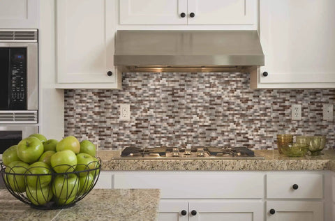 Metal Mosaic Tile Backsplash Peel And Stick Easy DIY Oblong 12x12 Inch Sheets In Coffee Copper Brown Mix on kitchen wall.