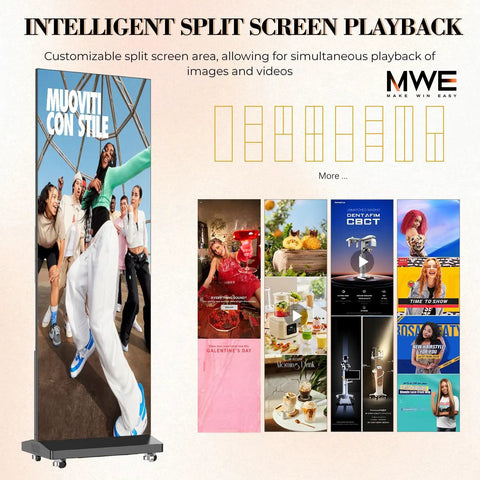 No Sweat Setup 80 Inch P1.86 Led Digital Signage Display With Smart Publishing Suite And Rugged Flight Case Foldable Ad Kiosk showcasing split screen playback with multiple images and videos.