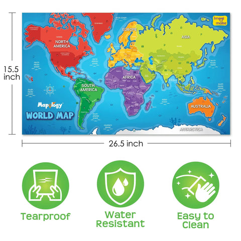 Mapology World Map With Reusable Stickers For Kids Ages Five To Twelve Hands On Interactive Wall Map Learning Game dimensions and features
