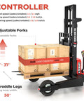 Heavy Duty Electric Pallet Stacker And Badass Off Road Workhorse That Flexes Hard Material Moves On Any Job Site And Cruises Over Uneven Ground Like A Real Champ with crates on adjustable forks.