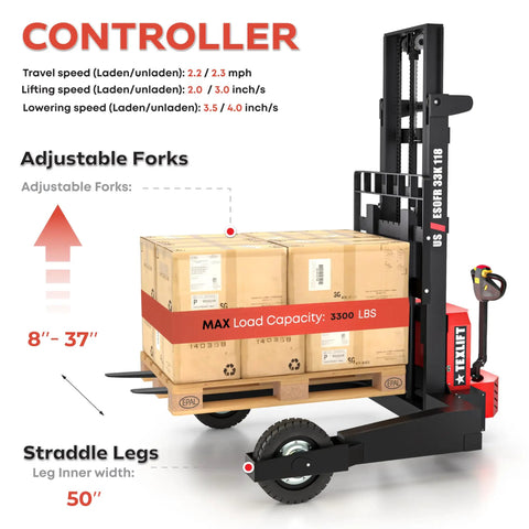 Heavy Duty Electric Pallet Stacker And Badass Off Road Workhorse That Flexes Hard Material Moves On Any Job Site And Cruises Over Uneven Ground Like A Real Champ with crates on adjustable forks.