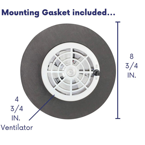 Solar Powered Vent And Fan With Back Up Battery For Boats, RVs And Sheds, showing ventilator dimensions and mounting gasket