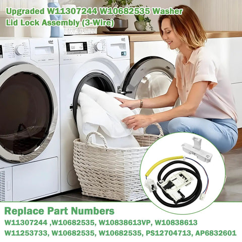 Heavy Duty Washing Machine Lid Lock Assembly Replacement For Whirlpool Maytag Kenmore Amana Top Loader in use with laundry.