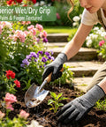 Woman gardening with a trowel wearing Eight Pairs Breathable Latex Dipped Gardening Gloves For Men And Women One Size Fits Most Durable Knit Grip