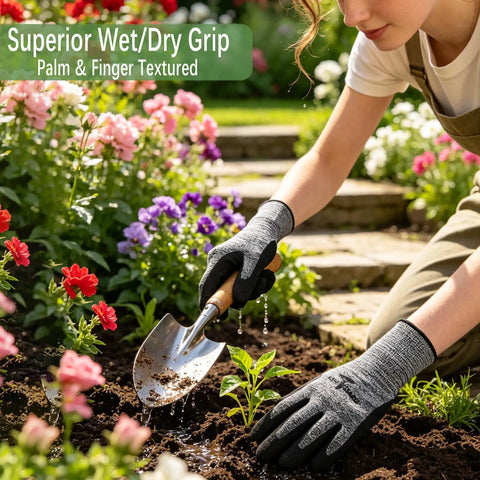 Woman gardening with a trowel wearing Eight Pairs Breathable Latex Dipped Gardening Gloves For Men And Women One Size Fits Most Durable Knit Grip