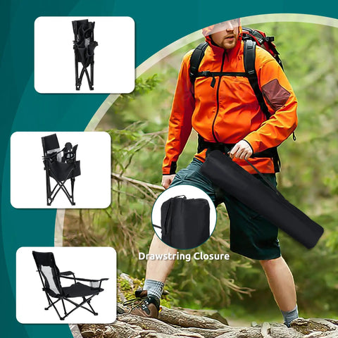 Hiker carrying Two Pack Foldable Beach Chairs Set For Outdoors with Cup Holders and Storage Bags in the forest