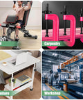 Collage image showing gym equipment, pink carpentry clamps, a modern white furniture table, and a workshop with machinery.