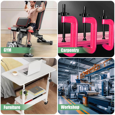 Collage image showing gym equipment, pink carpentry clamps, a modern white furniture table, and a workshop with machinery.