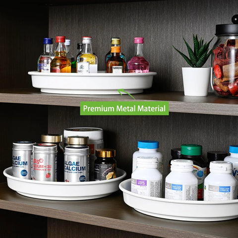 Front view of Amolliar white metal 10-inch Lazy Susan turntable organizer, 3-pack for kitchen cabinet storage