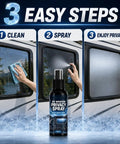 Frosted Glass Spray 30ml Portable Anti-Glare Privacy Liquid shown in three-step process: clean, spray, enjoy privacy.