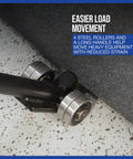 Close-up of Heavy Duty Pry Bar Lever With 6600 Lb Capacity, 55 Inch Handle, Special Nose Plate And Four Steel Rollers For Lifting Heavy Equipment