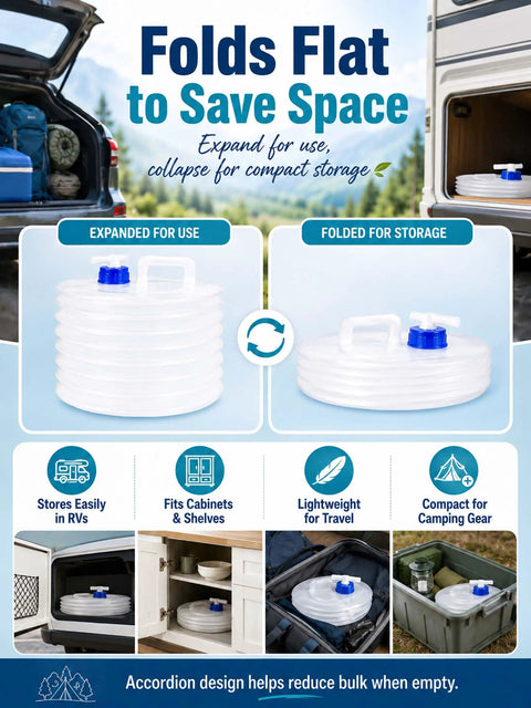 Foldable Water Container With Spigot For Camping And Travel 3 Liter Accordion Water Jug With Handle Leakproof Spout Emergency Outdoor Hydration Dispenser For Hiking RV And Travel folded flat in storage compartments and expanded for camping use.