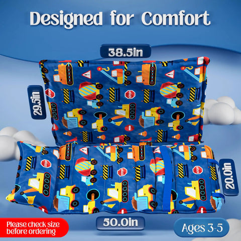 Construction Theme Nap Mat for Preschoolers and Toddlers Cozy Soft Non Toxic Fabric with Pillow and Blanket, size labeled dimensions