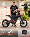 Badass Heavy Duty 5000 Watt Electric Dirt Bike For Adults And Teens with dimensions and specifications in a driveway.