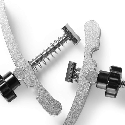 Close-up of Two Pack T Track Hold Down Clamp Kit For Woodworking And Metalworking, upgrades CNC setup with MDF and aluminum spoilboards.