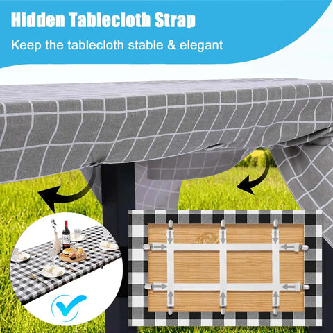 Hidden Strap Tablecloth Clips 5 Pack With Adjustable Elasticity for indoor and outdoor use, securing a checkered tablecloth