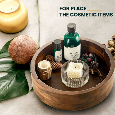 Premium 12 Inch Acacia Wood Lazy Susan Rotating Tray With Four Removable Dividers High Rim Kitchen Spice Rack Snack Divider Smooth Turn Total Game Changer Tabletop Display with cosmetic items displayed.