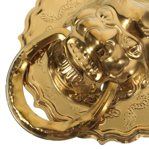 Close-up of brass lion head door knocker with large ring in vintage Chinese style for Lion Head Door Knocker And Front Door Pull Handle Brass Decorative Hardware Set Of 2 For Vintage Chinese Style Home Entry No Fuss Install And Smooth Operation With Large Ring.
