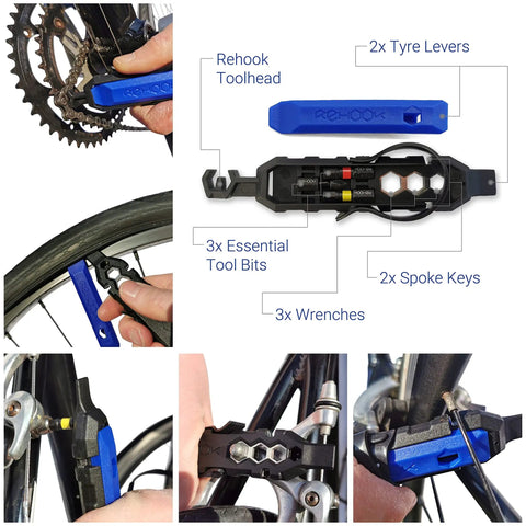 Close-up of Emergency Bike Repair Kit With Lightweight Cycling Toolkit Includes Multitool with toolhead and 2x tyre levers