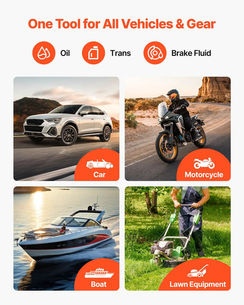 Straight Up No Drip Manual Fluid Extractor With A Legit 1500Cc Tank shown with various vehicles like cars, motorcycles, and boats.