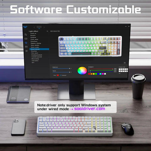 Rock Solid Aluminum Wireless Mechanical Gaming Keyboard With Dedicated Numberpad Featuring Tri Mode Bluetooth And Usb Wired Connection For Zero Lag Action And Butter Smooth Typing On Windows Mac And Tablets with customizable lighting settings on a monitor.