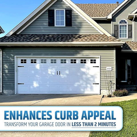 House with a closed garage door featuring magnetic garage door hardware kit with 2 faux handles and 4 hinges for curb appeal