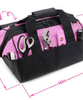 16 Inch Ladies Tool Tote With 22 Pockets Lightweight Nylon Tool Bag For Women Zippered Caddy Organizer, pink with tools.