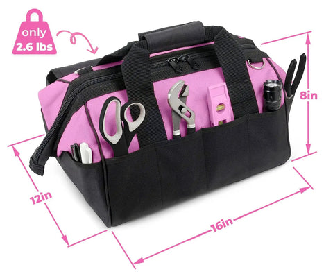 16 Inch Ladies Tool Tote With 22 Pockets Lightweight Nylon Tool Bag For Women Zippered Caddy Organizer, pink with tools.