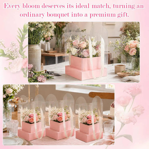20 Pack Clear Pink Flower Bouquet Bags With Handles 9.45 Inch on table holding pink and white flowers in see-through design