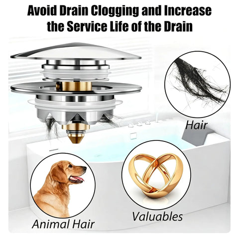 Bathtub Drain Stopper Pop Up Tub Stopper Hair Catcher with built-in hair and debris filter for easy use.