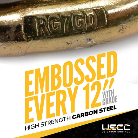 Heavy Duty Grade 70 Transport Chain 550 Foot Bulk Drum Beast Mode 5/8 Inch Steel Links close-up, embossed RG7GD, high strength carbon steel