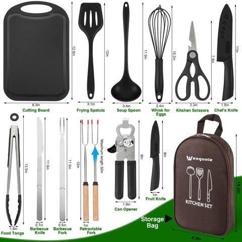 14 Piece Campout Cookware Set for Outdoor Cooking Portable Camp Kitchen Mess Kit with utensils displayed with bag