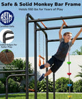 Child swinging on outdoor jungle gym with monkey bars frame, 5 in 1 heavy duty metal swing set for backyard with climbing net and rope