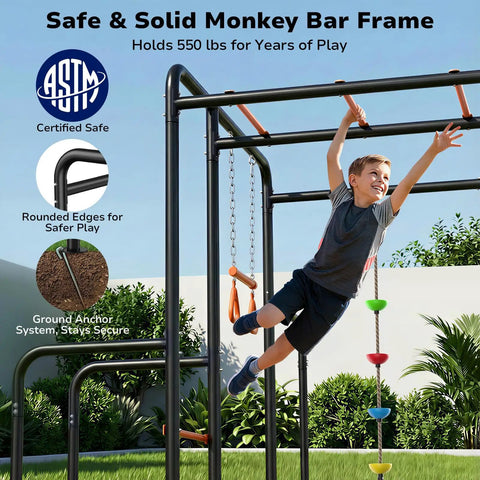 Child swinging on outdoor jungle gym with monkey bars frame, 5 in 1 heavy duty metal swing set for backyard with climbing net and rope
