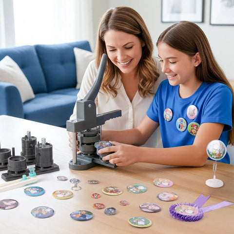 3 In 1 Button Maker Kit With 1 In, 1.25 In, And 2.25 In Molds For DIY Pin Badges, Keychains, And Fridge Magnets in use on table